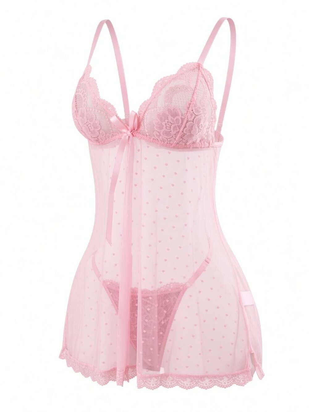 Pink Lace Sheer Babydoll Nightgown Set w/ Thong – Size M Heart Mesh Lingerie